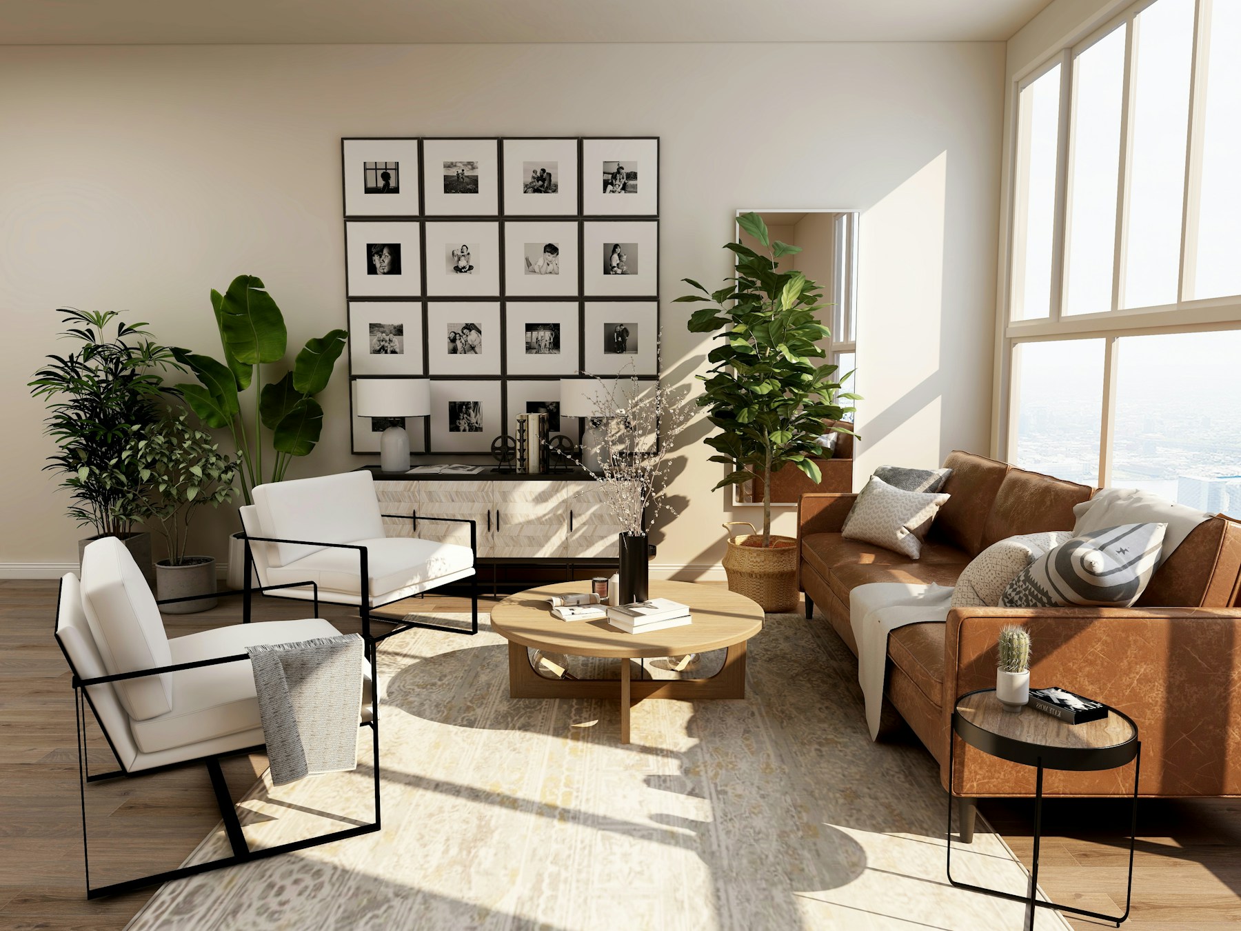 A bright, uncluttered living room with neutral furnishings and natural light